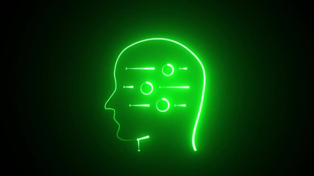 Human mind profile glowing with green neon light displaying mental balance sliders and psychological levels.