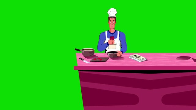 Cartoon Male Chef looking at Phone on Green Screen Animation