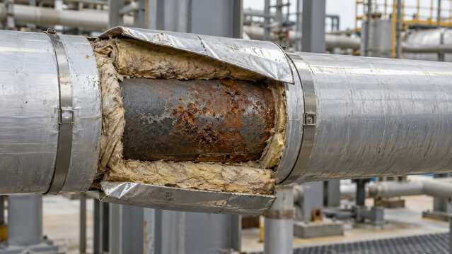 Corrosion Under Insulation Failure on Heavy Industrial Pipeline with Damaged Thermal Cladding and Rust 3D Render

