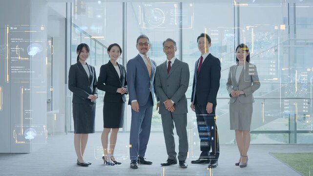 ビジネスグループとデジタルテクノロジー。DX、人材、企業、チームワーク、システム、経営、データ、AI