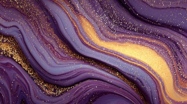 Elegant flowing abstract background in violet and yellow with liquid texture, golden glitter, vibrant swirls, artistic waves, marbled fluid patterns, luxury spring colors, decorative wallpaper for bra