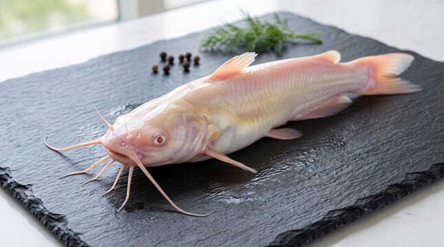 Raw albino catfish lying on a black stone slate surface with dill and black pepper grains