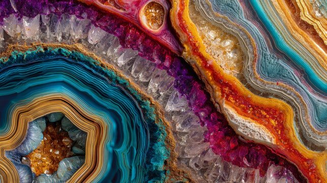 Colorful moroccan agate background with vibrant natural stone patterns, abstract marbled texture in pink, blue, orange and purple tones, elegant spring inspired decorative design for wallpaper, poster