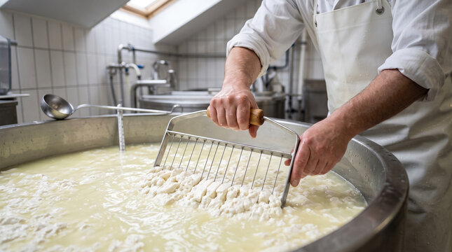 Professional cheesemaker uses sharp metal curd cutter to process fresh dairy inside large stainless steel vat