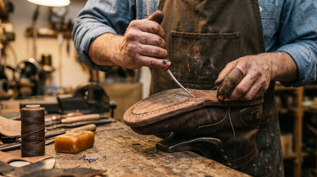 Skilled cobbler carefully stitches a handmade leather shoe using a sharp awl and waxed thread