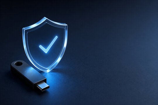 Passwordless security key protected by glowing digital shield
