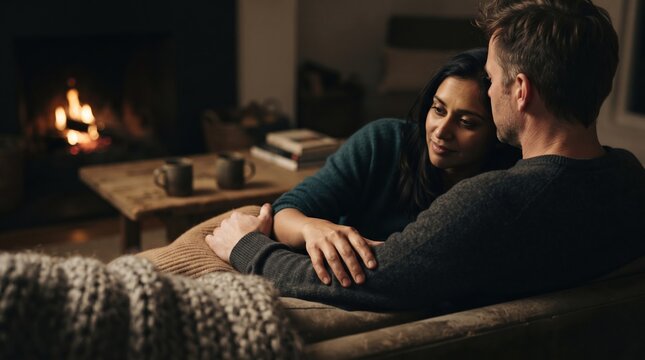 In a softly lit living room, a couple sits closely together on a couch, wrapped in a blanket. The fireplace glows warmly, adding a sense of comfort as they share smiles and whispers.