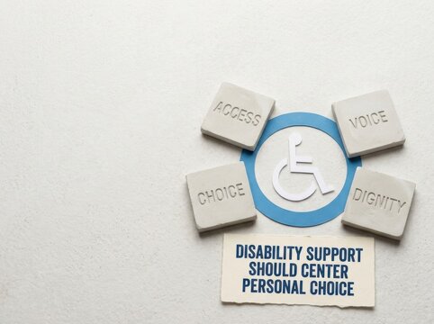 Minimalist top-down view of a wheelchair symbol with stone tiles labeled Access, Voice, Choice, and Dignity, including a text card about disability support centering on personal choice.