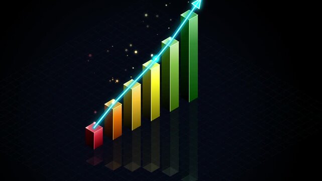 Animated isometric 3D bar chart showing business growth with a glowing neon arrow rising up against a dark digital background