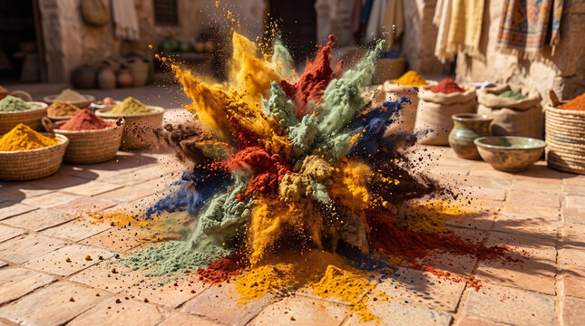 Vibrant colorful spice powder explosion captured in a rustic outdoor market setting with natural sunlight illumination