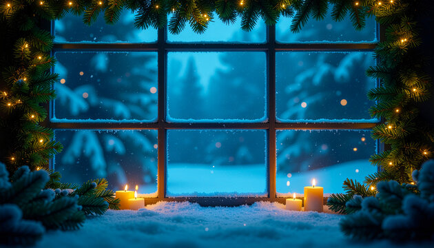 Christmas Window View with Snowy Forest and Candles