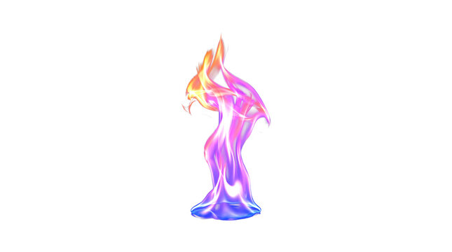 Abstract 3D flame render with vibrant purple, orange, and blue gradient colors, glowing soft texture, isolated on transparent background, ideal for game assets, UI design, and digital art