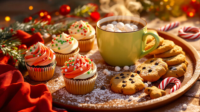 Festive Holiday Treats with Hot Chocolate on Wooden Tray