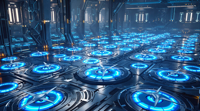Futuristic Sci-Fi Glowing Blue Grid Hangar Background