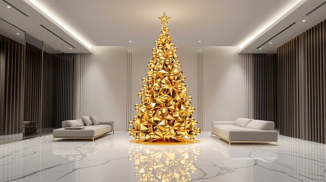 Gold Geometric Christmas Tree in Living Room
