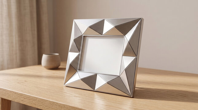 Modern geometric silver picture frame standing on light oak wooden table with soft interior lighting