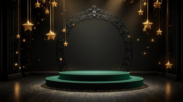 Ornate Archway and Podium with Hanging Stars 3D Illustration