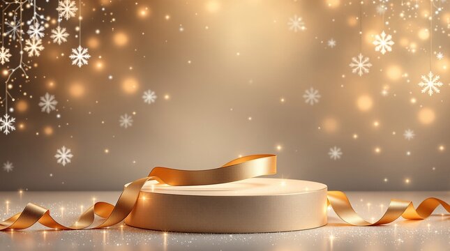 Product Display Podium with Gold Ribbon and Snowflakes Illustration