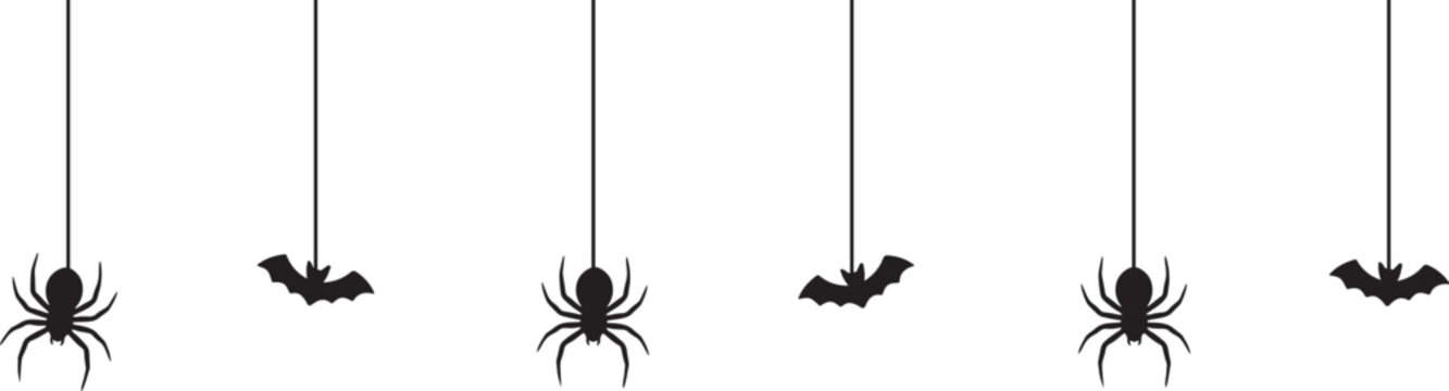 Hanging Spiders and Bats Vector Halloween Border Isolated on White Background