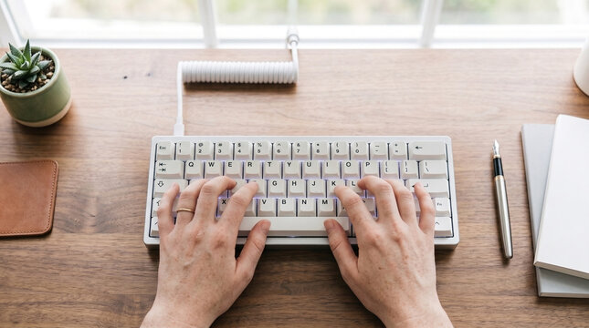 Person typing on a mechanical keyboard with white keycaps while sitting at wooden office desk