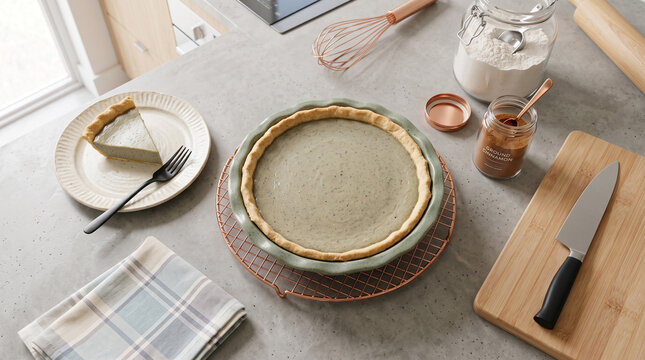 Homemade Earl Grey tea pie sitting on a rustic wire rack in a bright modern kitchen