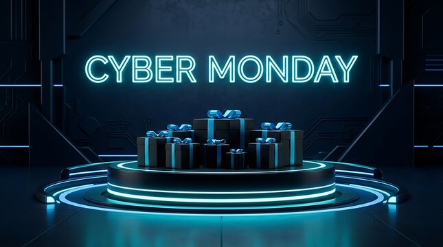 Cyber Monday sale concept with glowing neon text and gift boxes on a futuristic stage