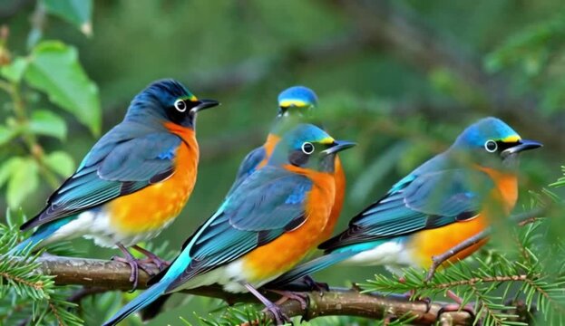 Three colorful blue and orange birds on branch &mdash; 4K video
