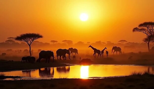 Elephants and giraffes silhouetted at savanna sunset &mdash; 4K video