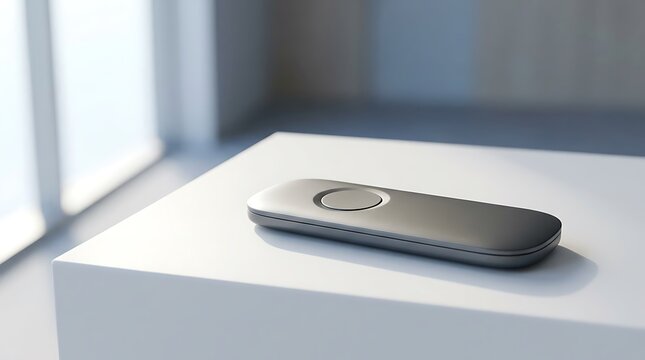A sleek silver feedback device resting on a white table capturing ideas and modern technological concept