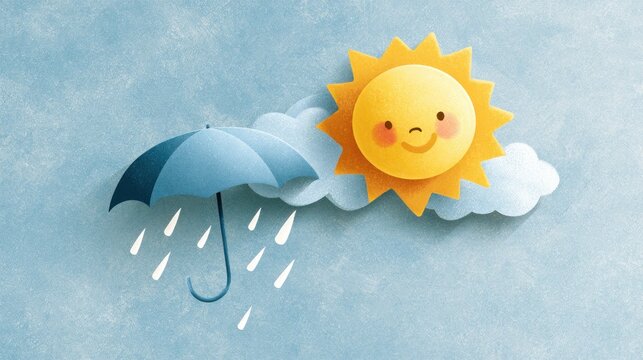 A cute, cartoon-style sun with a smiley face, holding an umbrella, floating above a cloud on a blue background.