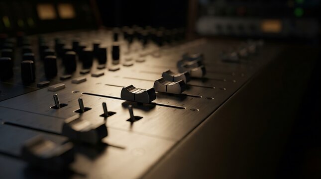 A detailed close-up shot of professional audio mixing console faders and knobs with feedback adjustment controls