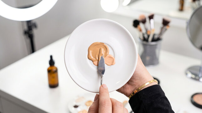 Professional makeup artist blending liquid foundation shades using a metallic spatula on a white ceramic palette