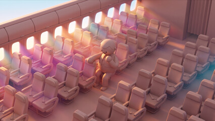 Obraz premium 夕光が差し込む旅客機の機内空間で佇むクレイ調キャラクターの3DCG