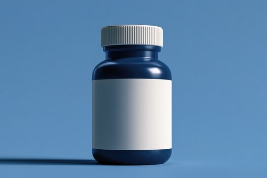A dark blue medicine bottle with a blank white label and a white cap, set against a plain blue background.