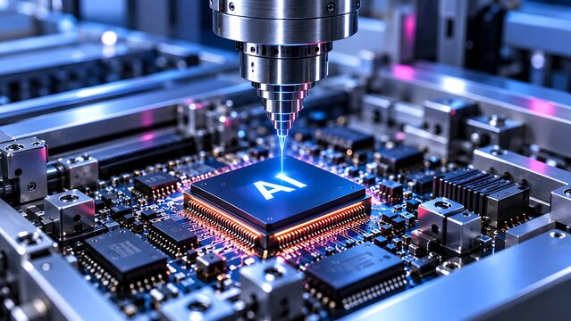 Robotic laser engraving artificial intelligence processor on motherboard representing automated high tech semiconductor manufacturing industry
