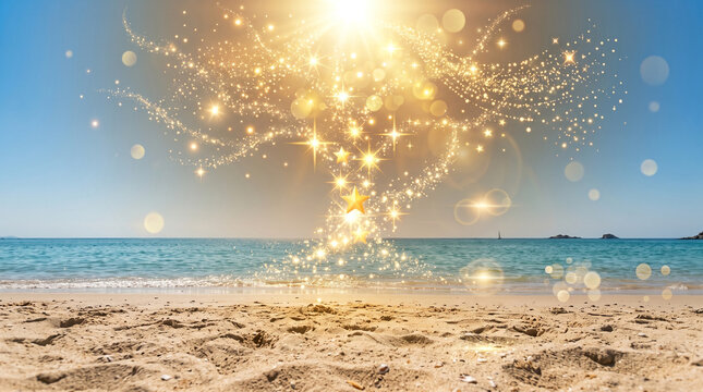 Radiant golden stardust particles forming magical tree shape above serene sandy beach with sparkling bright light