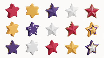 Obraz premium Assorted three dimensional star shapes with varied colors and textures isolated on white background