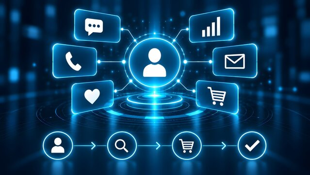 Customer journey map concept with digital user profile and glowing communication icons representing omnichannel marketing and online shopping