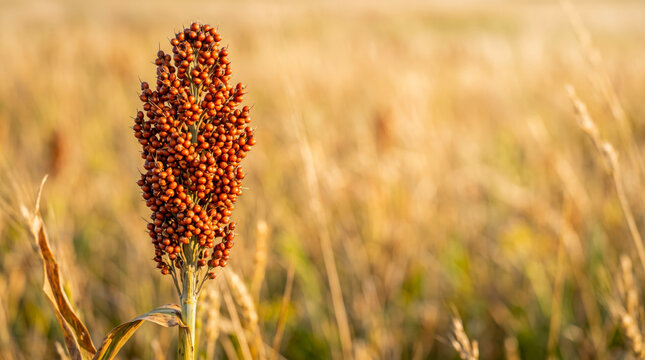 Ripe sorghum head in field during golden hour, highlighting the texture of the grain seeds