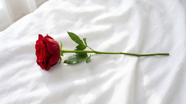 A single red rose lying on soft white bed sheet