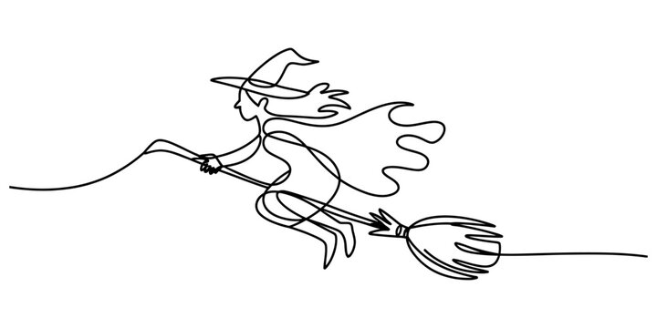 Continuous single line drawing of a flying witch on a broomstick