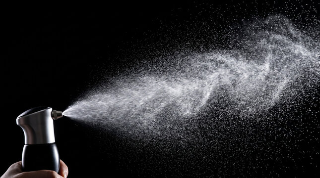 Fine water mist spraying from modern silver nozzle against dark black background with high speed motion