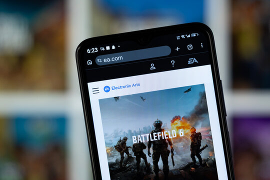 Redwood City, United States - 03 August 2026: Close-up of EA homepage on a smartphone.