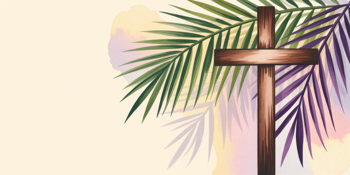 Wooden cross with palm branches watercolor background for Palm Sunday and Easter services