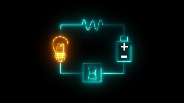 Glowing Electric Circuit Diagram with Light Bulb, Resistor, Battery and Switch Animation.4k motion graphics.