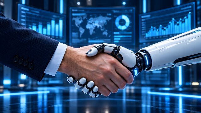 Human and robot handshake in high tech control room representing global business automation and artificial intelligence cooperation