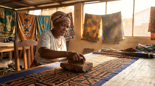 African Woman Expertly Stamping Traditional Patterns Onto Fabric with Wooden Tool