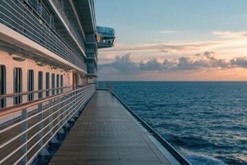 Obraz premium A cruise ship deck overlooking a calm ocean at sunset with soft clouds and warm light reflecting on the water.