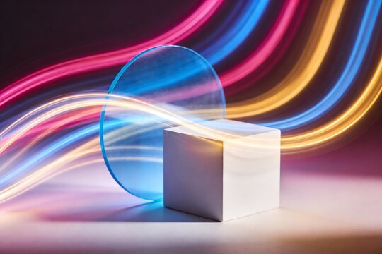 Glowing neon light trails around a white cube and blue glass circle. Futuristic abstract geometric studio background.