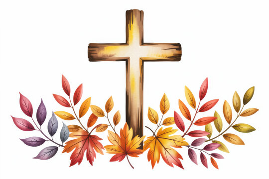 Rustic wooden cross surrounded by vibrant autumn leaves for a religious fall theme.